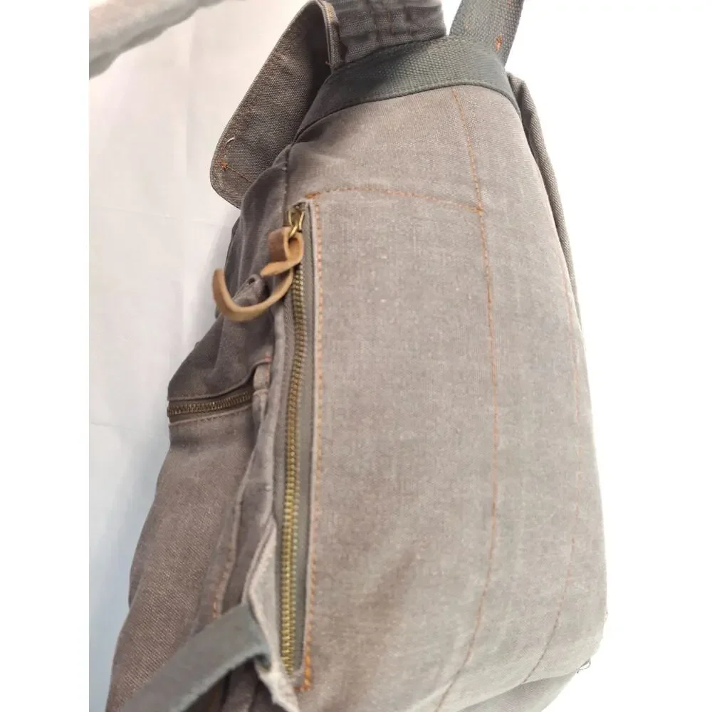 Canvas Leather Backpack Gray Brown Laptop Rucksack Fits 17” laptop